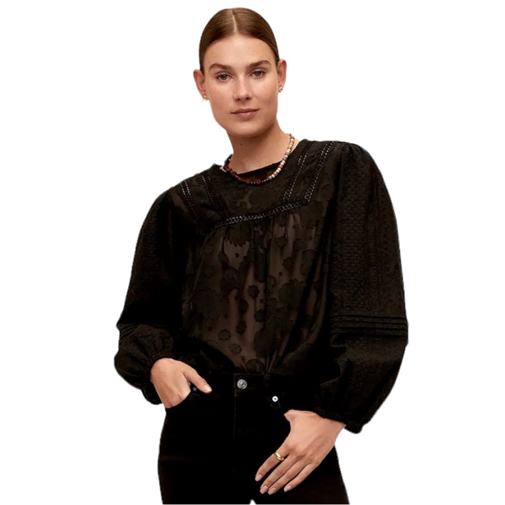 Mango Embroidered Black Long Sleeve Top Sz. XXS